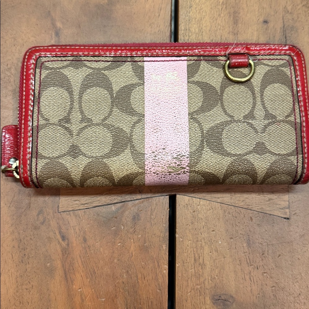 Vintage Y2K COACH Heritage Khaki Pink Stripe Accordion Zip WalletSig Canvas 0249